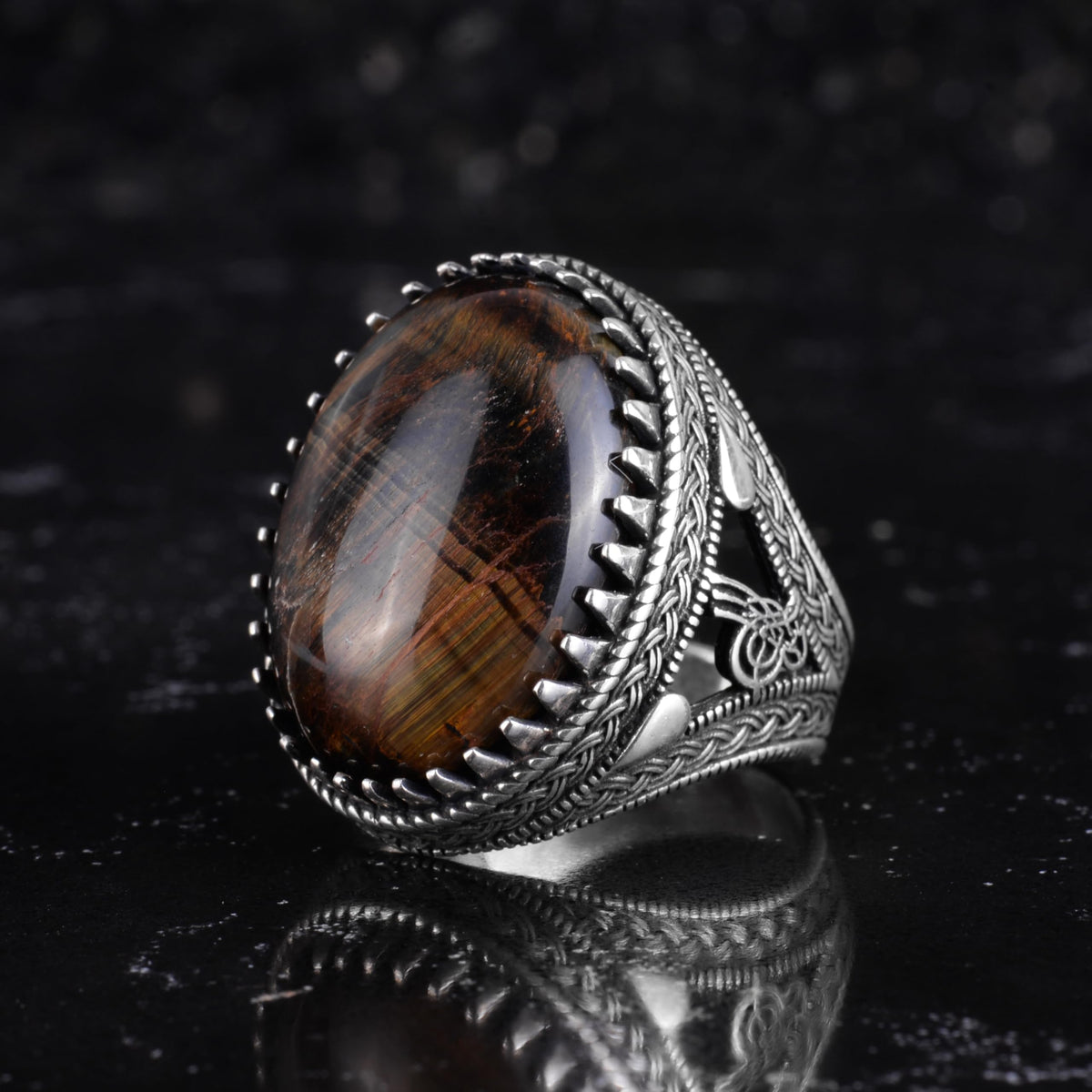 KAMBO Men's Natural Stone Ring – 925 Sterling Silver Large Statement Ring – Handmade Ottoman Pattern Jewelry (Cat's Eye) — 4