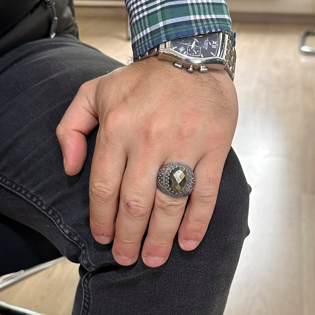 KAMBO Genuine Natural Stone Ring, 925K Solid Silver Men's Ring (Pyrite) — 3