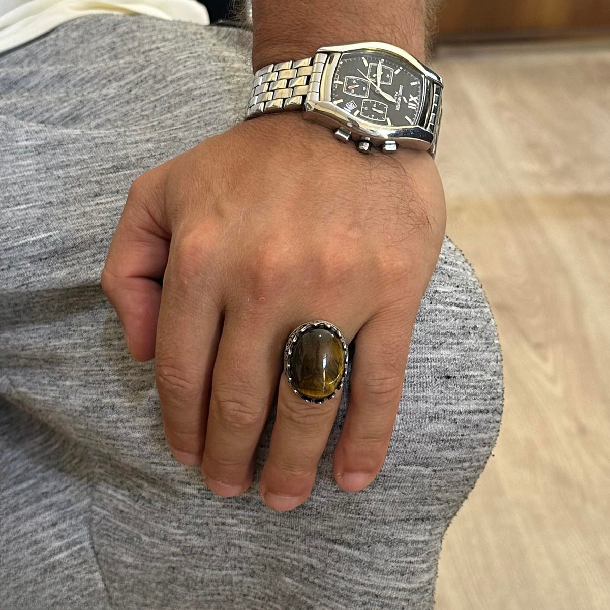 Natural Stone Ring - Rose Pattern Ring - 925 Sterling Silver - Handmade Large Ring (Tiger Eye) — 3