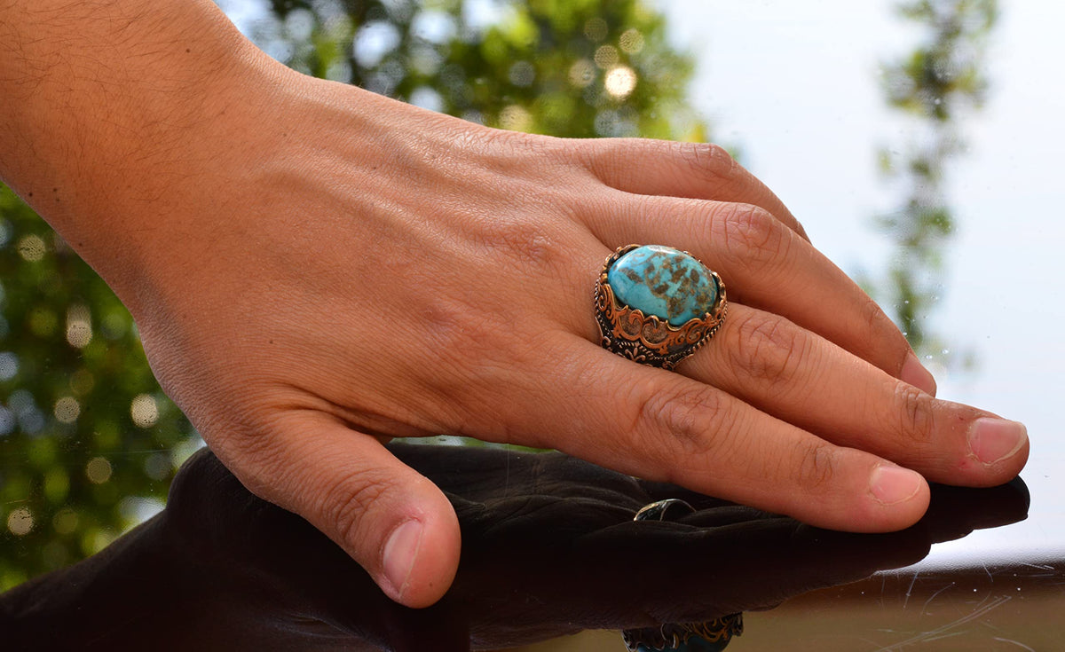 Handmade Natural Turquoise Ring | 925 Sterling Silver Men's Ring | Protection and Healing Design — 6