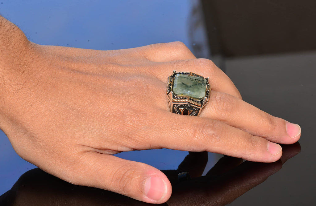 Real Prehnite Jade Ring - 925 Sterling Silver Men's Band Ring — 6