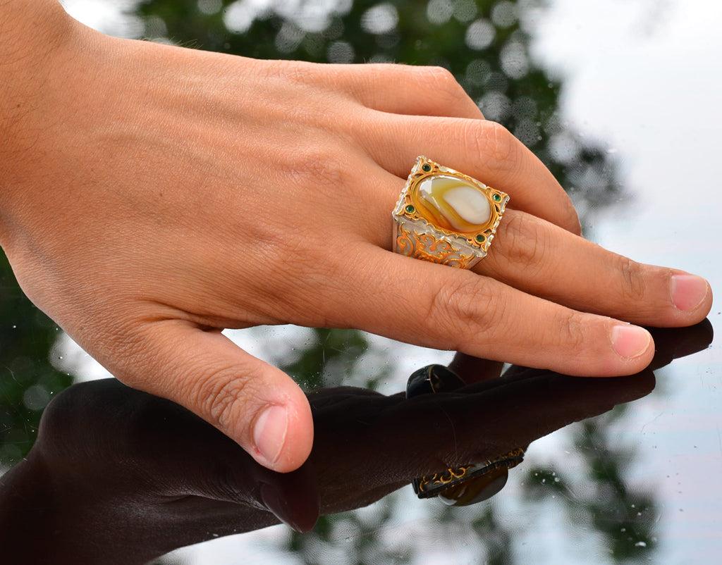 Natural Mother of Pearl Stone Men's Ring, Handmade Gold Carving Design, 925 Sterling Silver Ring — 6