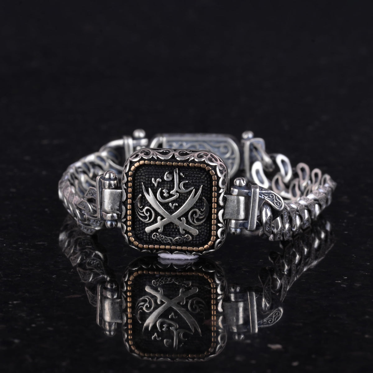 925 Sterling Silver Men's Bracelet, Ottoman Sword and Tugra Design, Handmade Chain Bracelet — 4