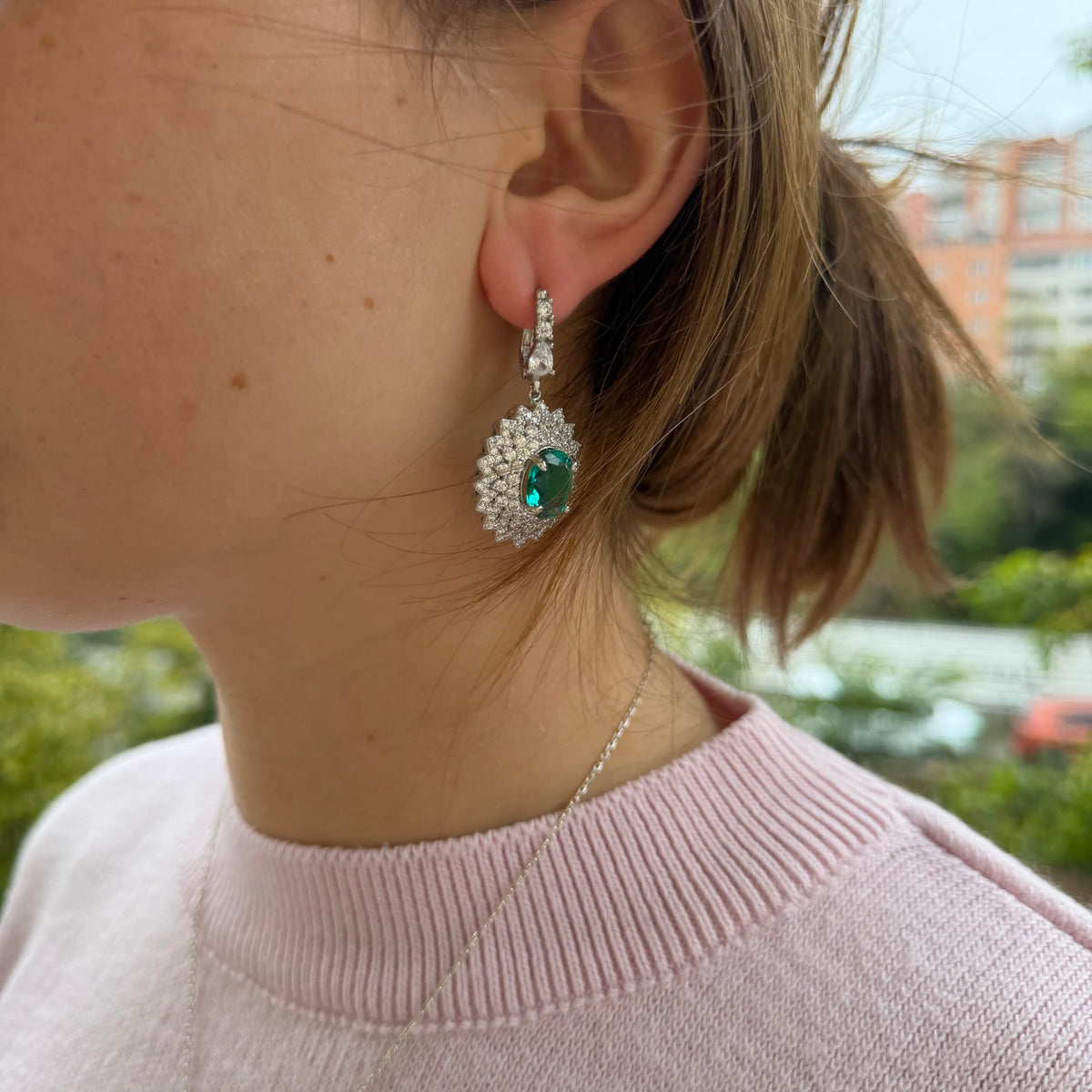 Green Stone Women's Earrings 925 Sterling Silver – Oval Halo Dangle Women's Drop Earrings — 2