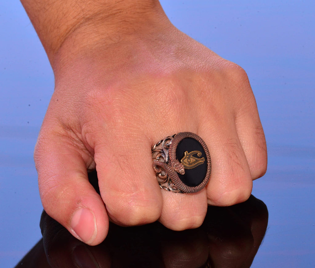 925 Sterling Silver Men's Ring - Snake Design - Seal Ring (Evil Eye) — 7