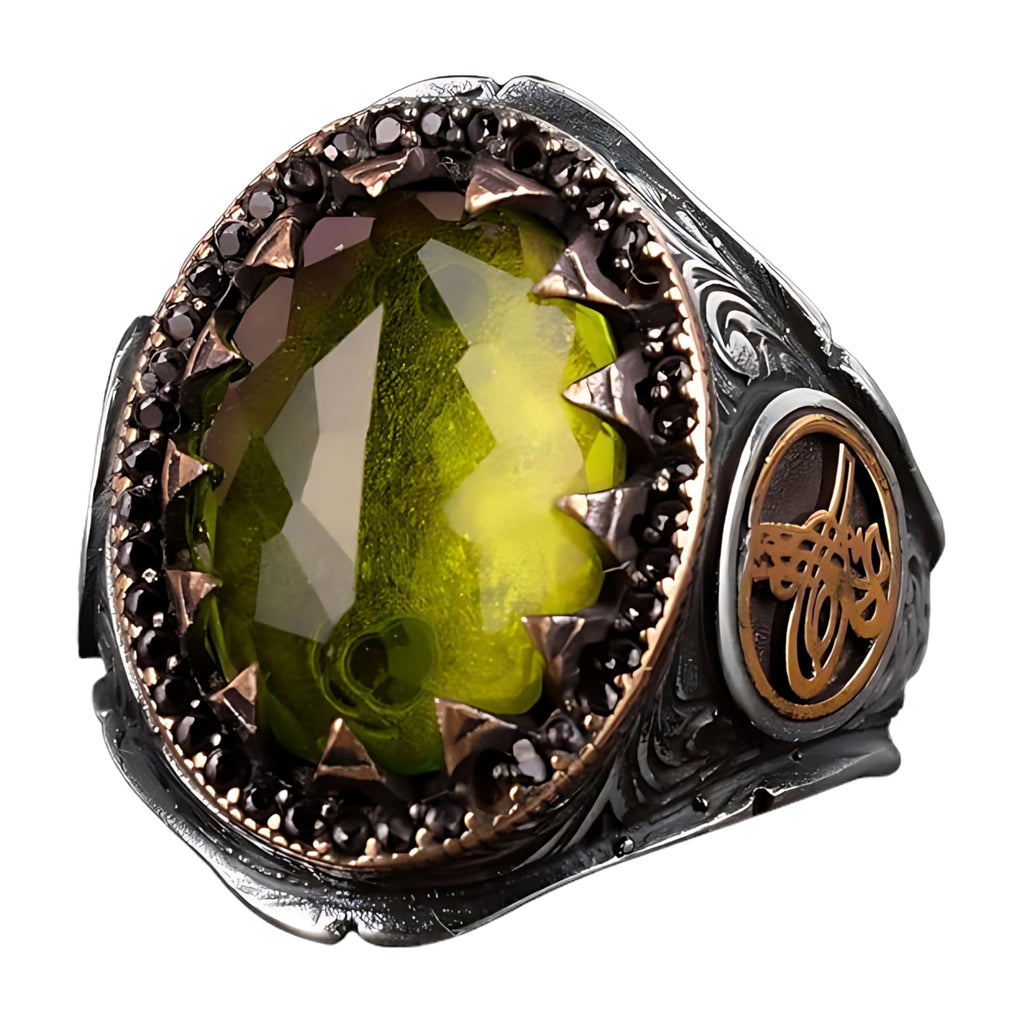 Ottoman Empire Ring - 925 Sterling Silver Men's Ring, Artificial Peridot Stone, Turkish Historical Jewelry (Customizable)