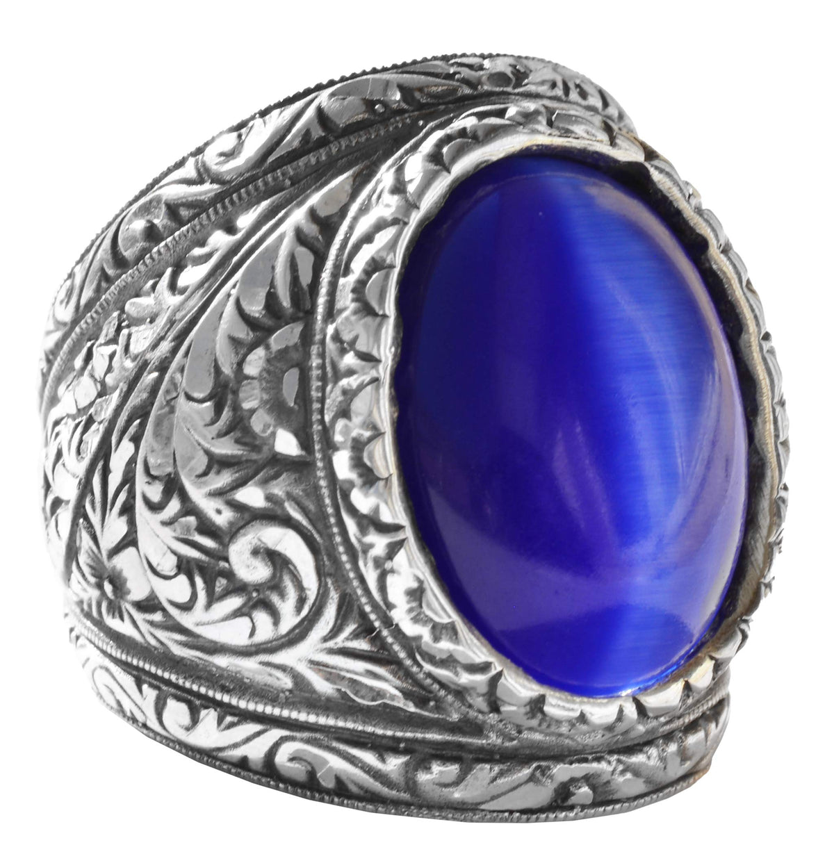 KAMBO 925 Sterling Silver Men's Ring - Synthetic Cat's Eye Blue Star Stone