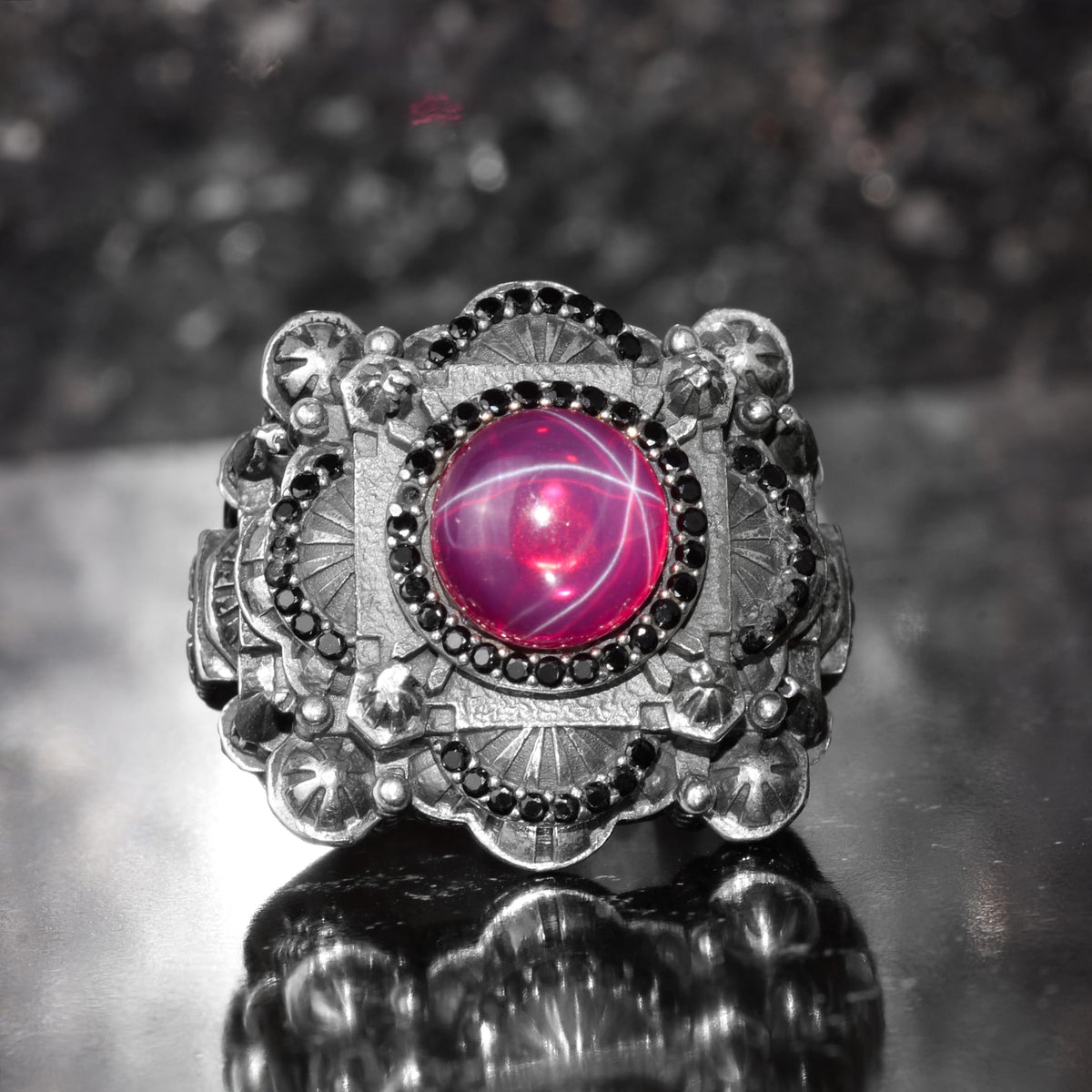 KAMBO Large Natural Stone Men's Ring 925 Sterling Silver – Handmade Statement Ring Inspired by Islamic Mosque (Star Ruby) — 4