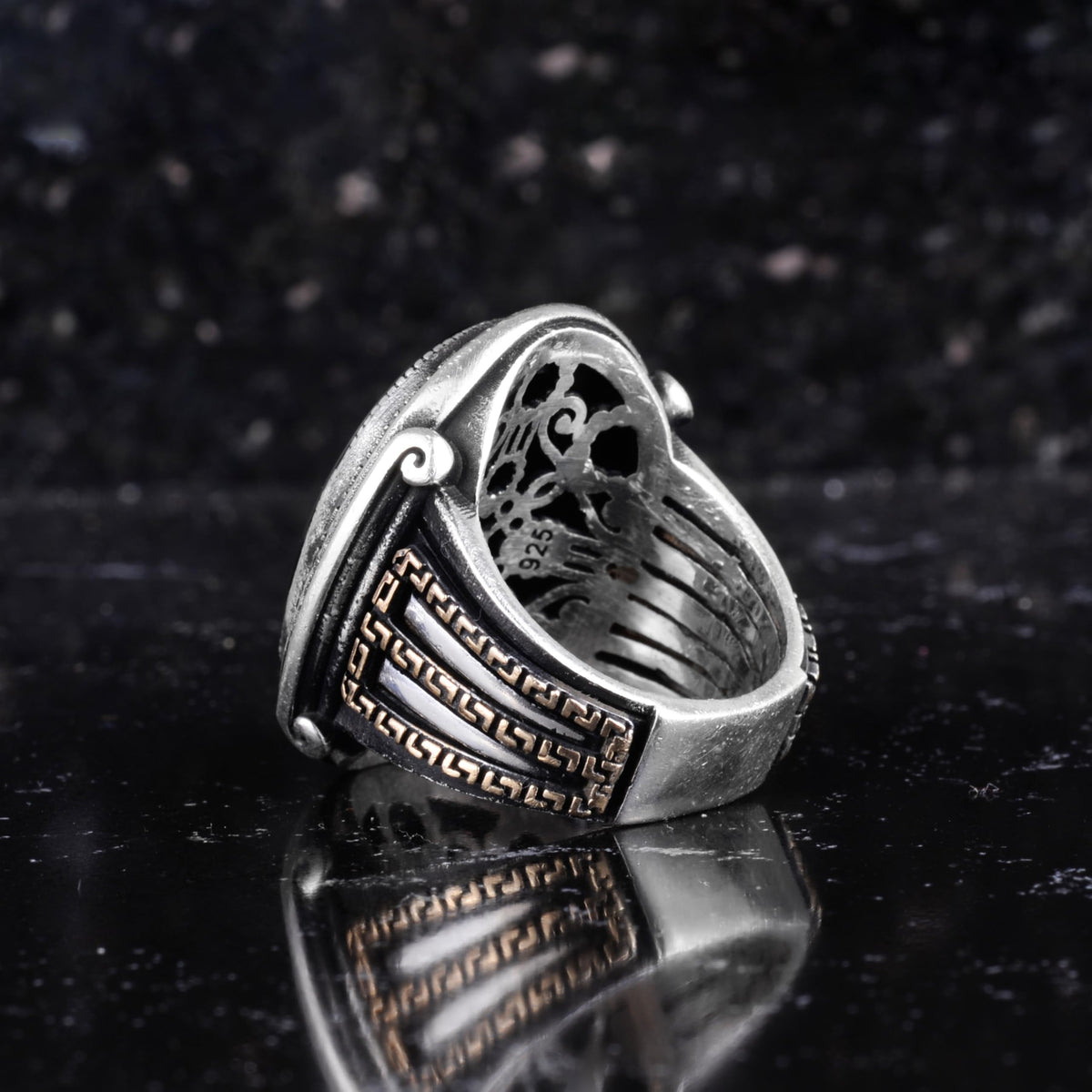 KAMBO Men's Genuine Natural Stone Ring – 925 Sterling Silver Large Statement Ring – Handmade Vintage Design – Dark Silver Ring (Yemen Agate) — 6