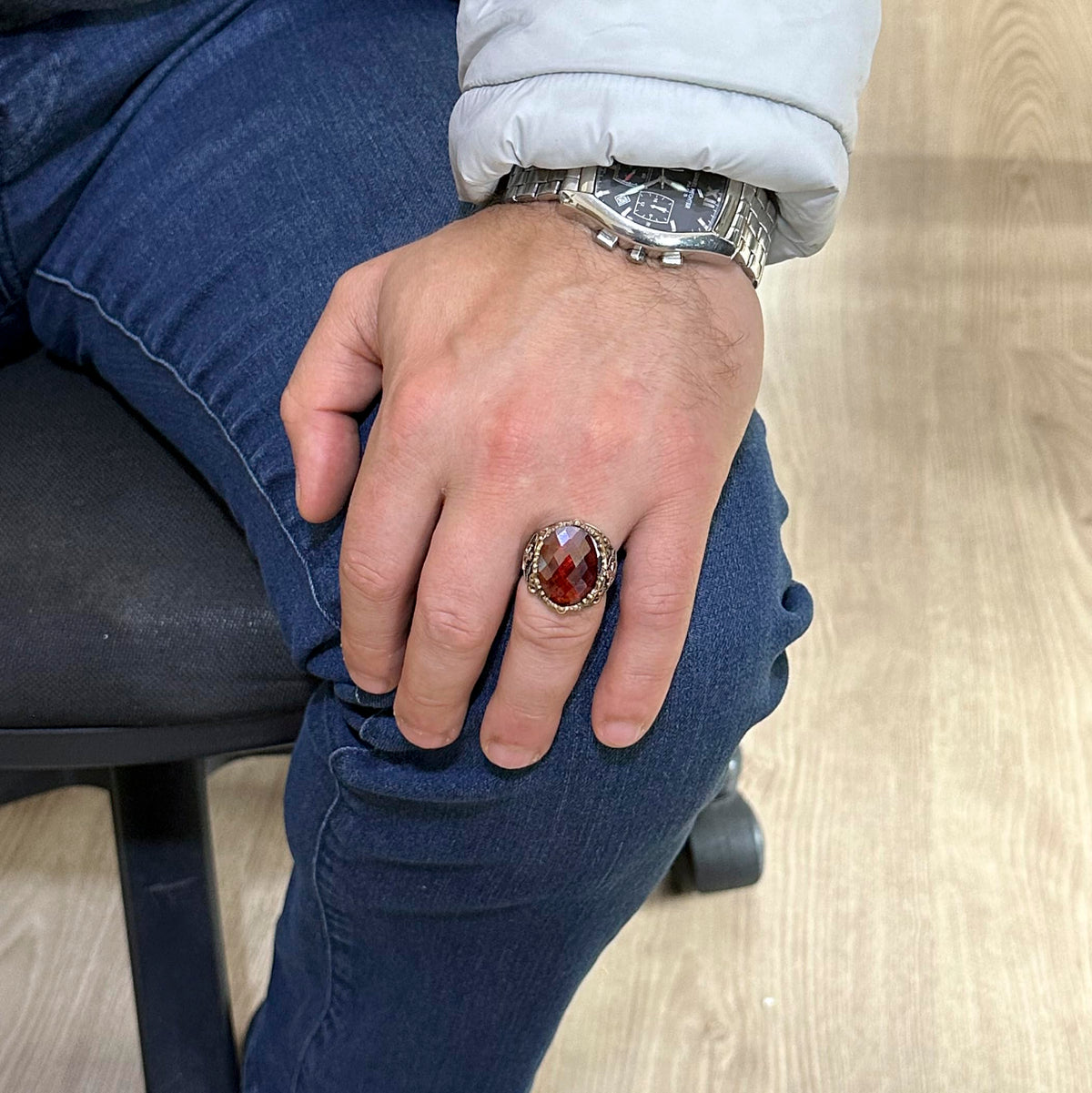 Garnet Stone Sailor Anchor Ring - 925 Sterling Silver — 3