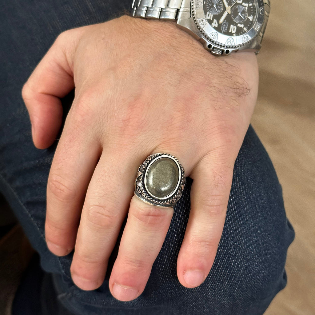 Elegant Stone Collection 925 Sterling Silver Large Ring - Natural Pyrite — 7