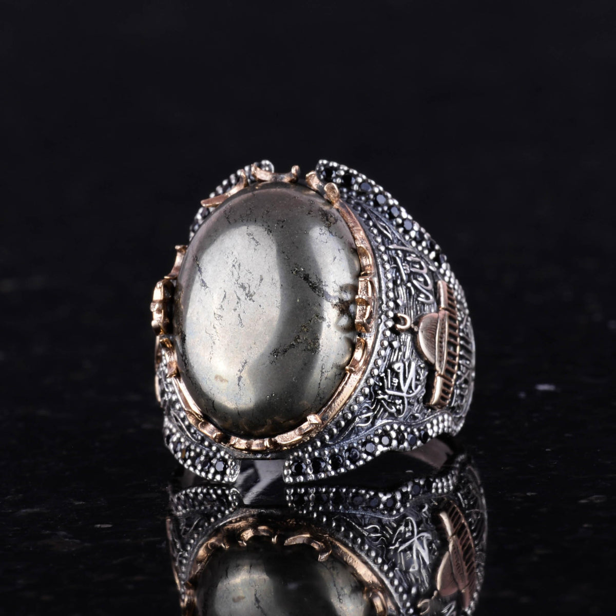Natural Pyrite Stone Ring, 925 Sterling Silver Men's Ring (Model-2) — 4