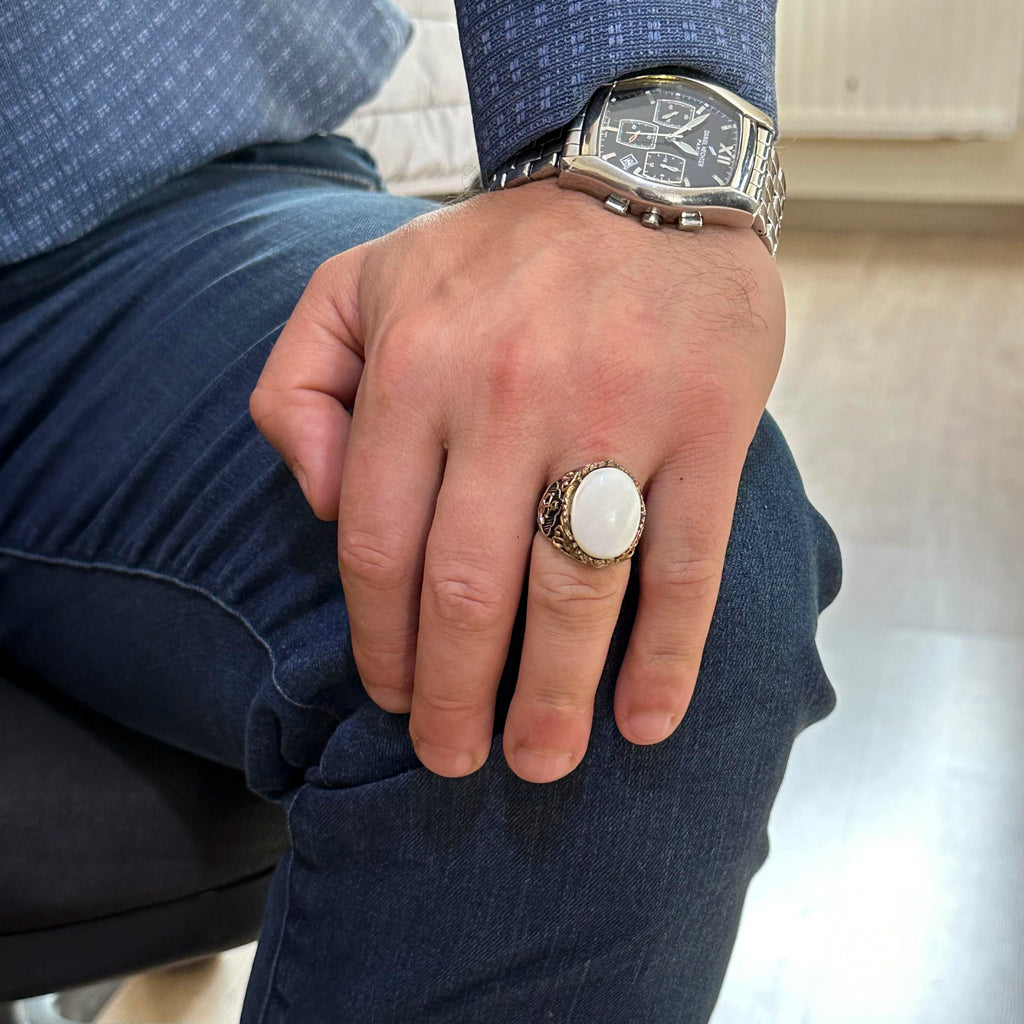 Nautical Anchor Silver Ring, Natural Mother of Pearl Stone Ring, 925 Sterling Silver Ring — 3