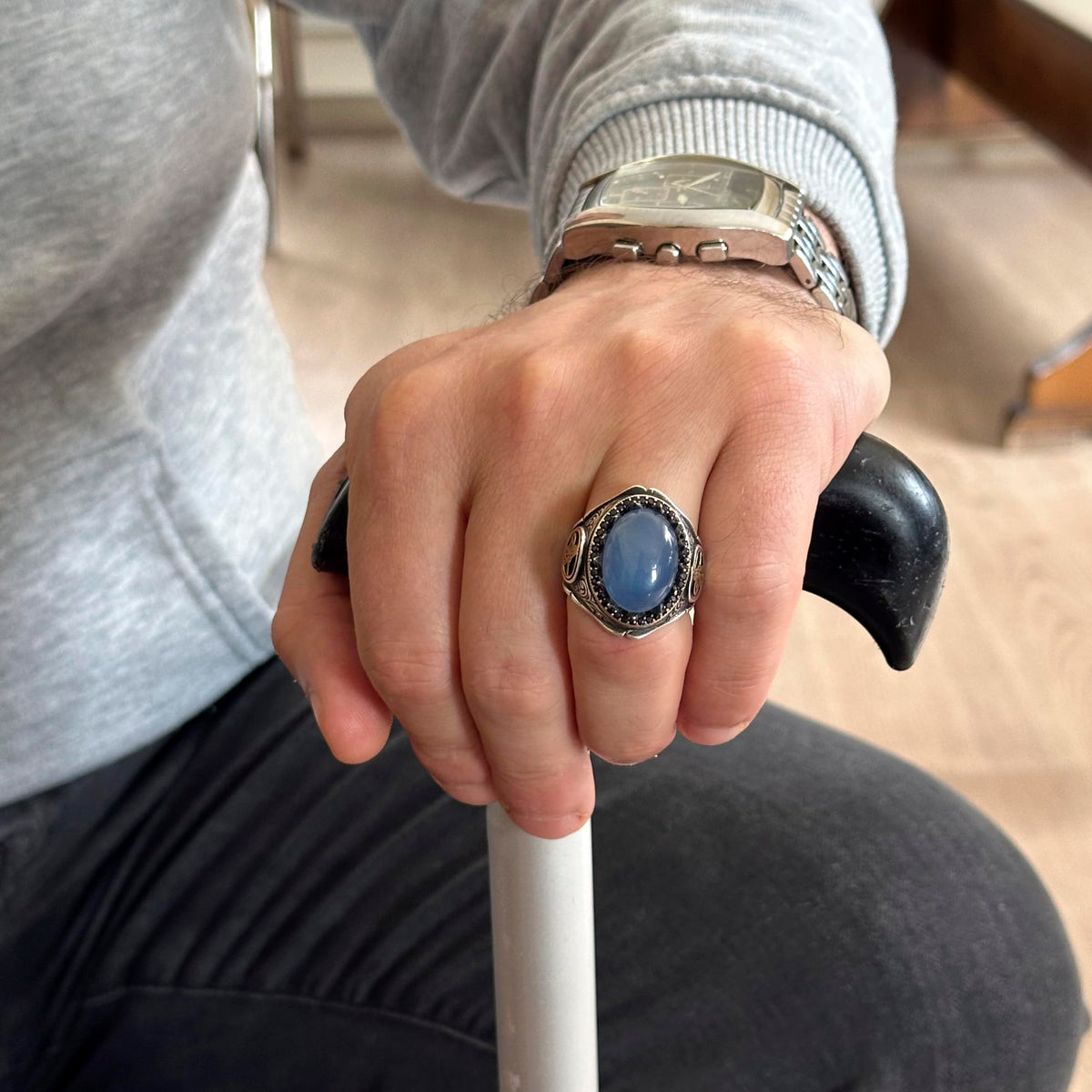 925 Sterling Silver Men's Ring - Handmade Elegance with Natural Chalcedony Stone — 3
