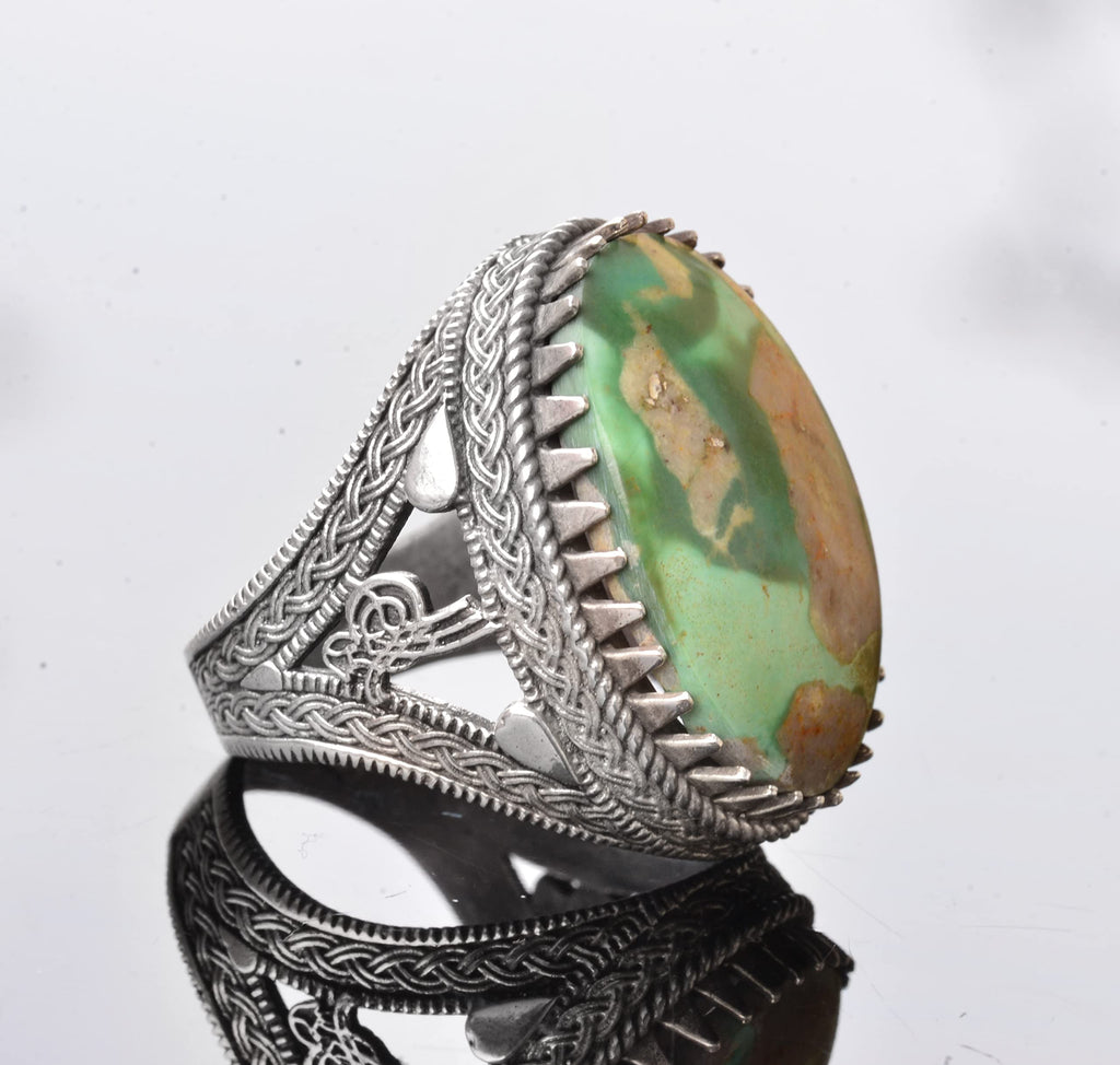 KAMBO Handmade Genuine Natural Arizona Turquoise Gemstone Ring for Men, Ottoman Seal Design, Vintage Statement 925 Solid