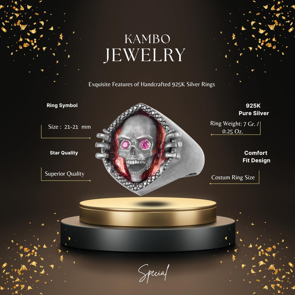 KAMBO Red Flame Background and Pink Stone Eyed 925 Sterling Silver Men's Skull Ring – Gothic Punk Biker Ring — 2