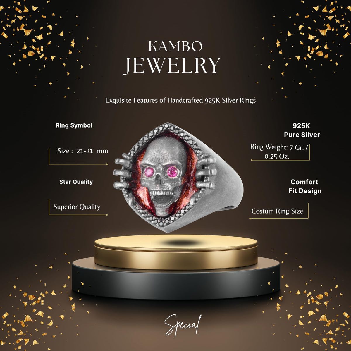 KAMBO Red Flame Background and Pink Stone Eyed 925 Sterling Silver Men's Skull Ring – Gothic Punk Biker Ring — 2