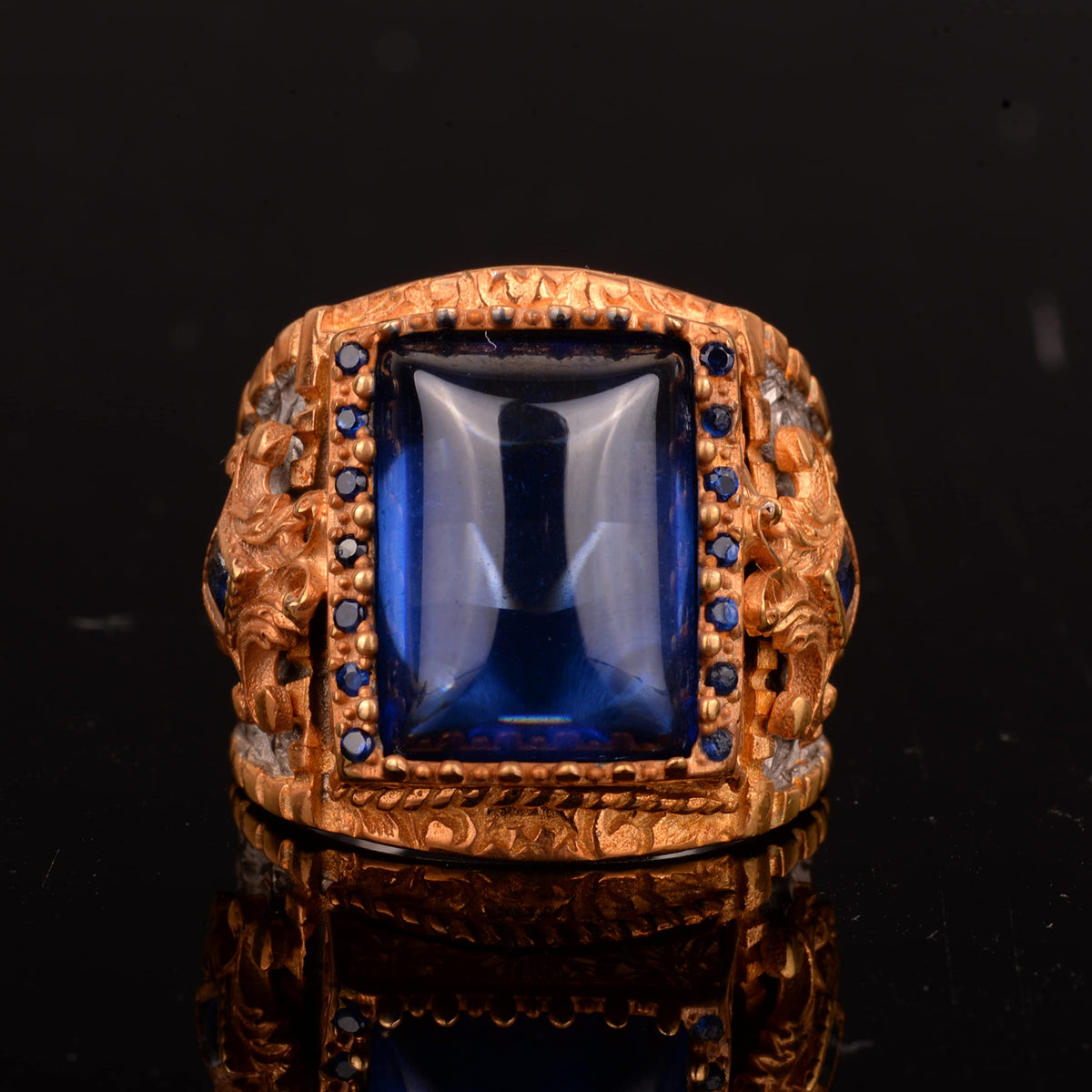 Blue Agate Stone Silver Men's Ring - Gold Plated — 5