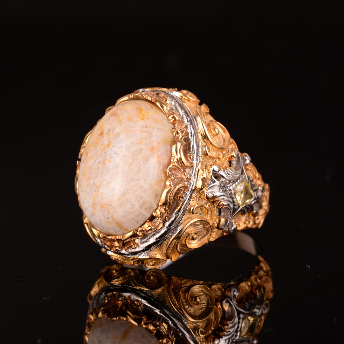 Natural Coral Stone Ring, 925 Sterling Silver (Model-2) — 5