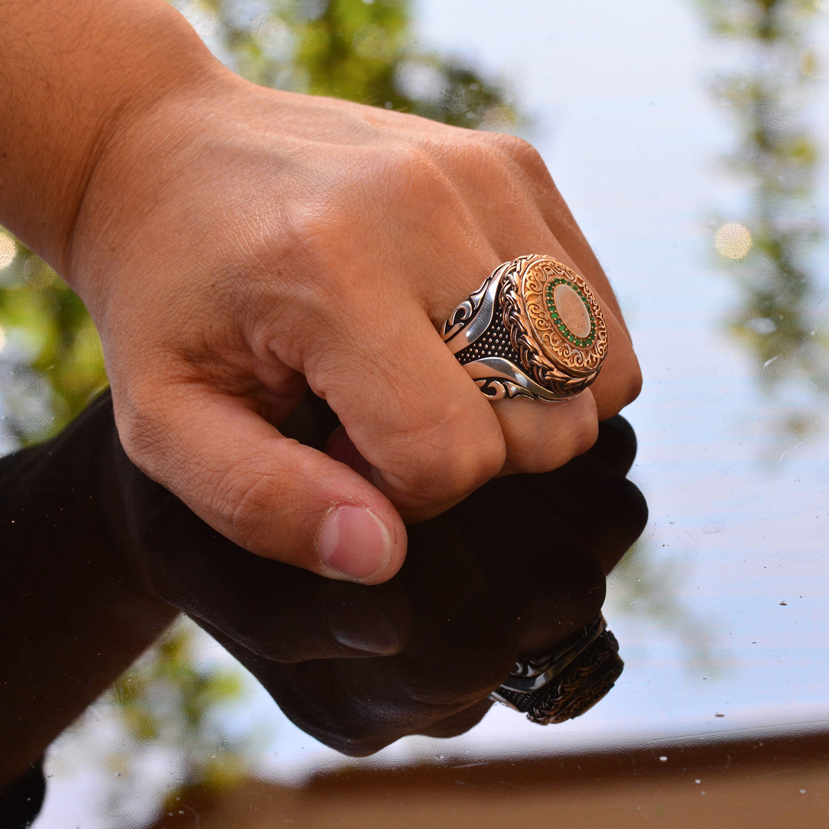 Handmade Silver Men's Ring | Copper and Green Stone Inlay | Bold and Stylish Design — 7