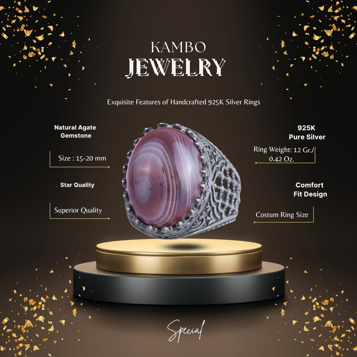 KAMBO Men's Natural Agate Stone Ring – 925 Sterling Silver Handmade Oval Islamic Design – Unique Vintage Men's Jewelry (Style-3) — 2