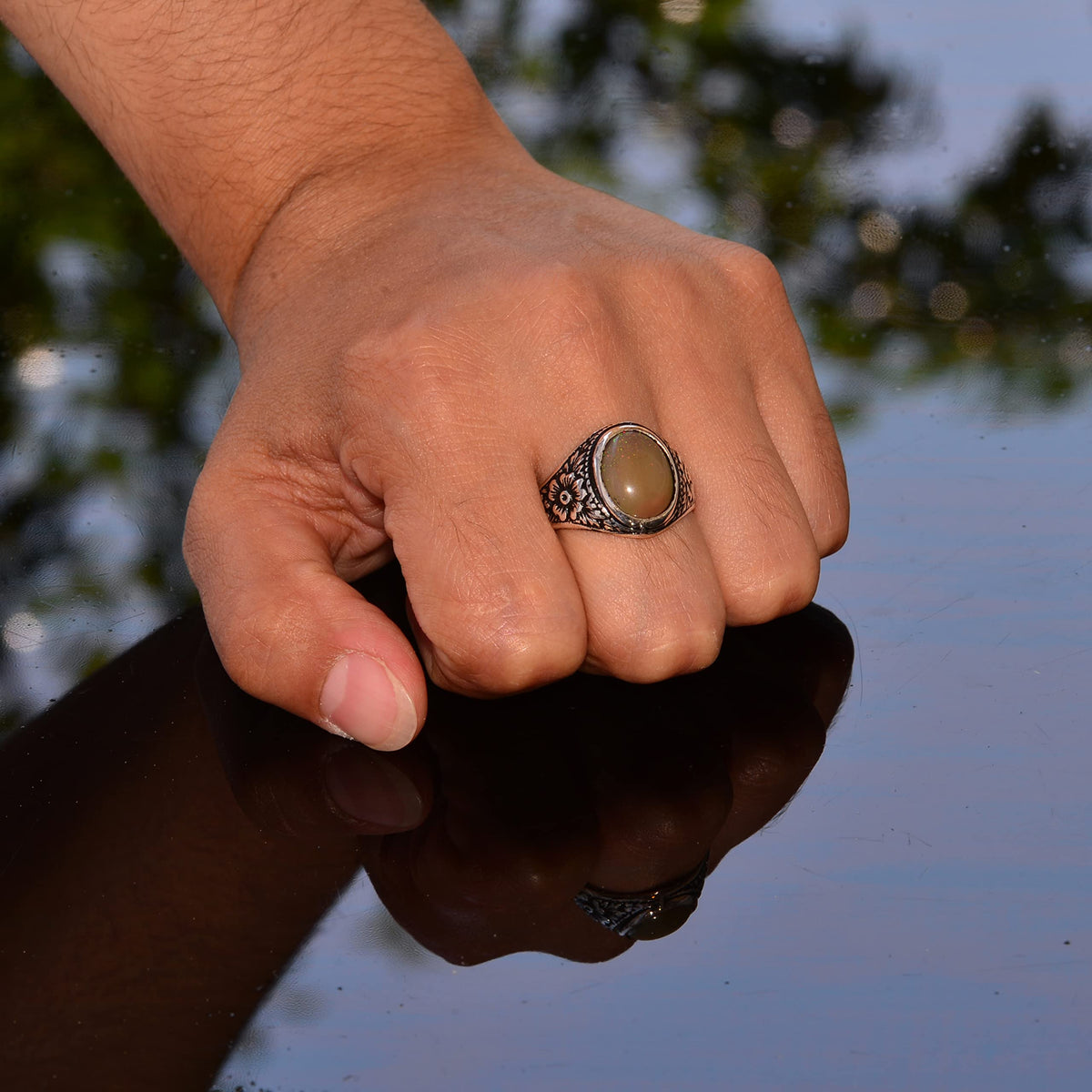 Real Natural Opal Stone Men's Ring - Handmade 925 Sterling Silver — 7