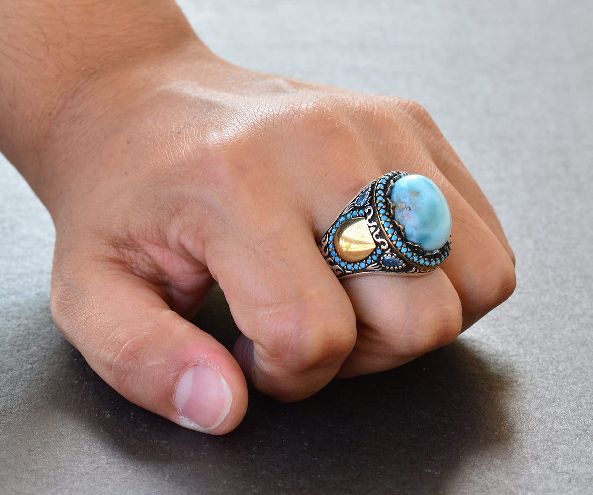 Natural Larimar Stone Handmade Ring - Silver Men's Ring, Silver Accessory — 7