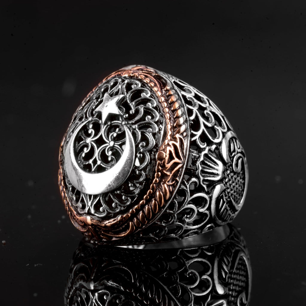 KAMBO Handmade 925 Sterling Silver Moon and Star Ring for Men, Adjustable Vintage Flag Style Statement Jewelry, Masculin