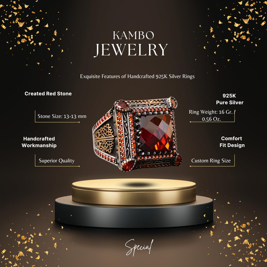 925K Solid Silver Ring, Square Red Zircon Stone Ring, Unique Ring, Men's Ring — 2