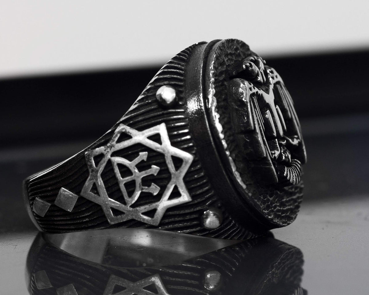 Men's 925 Sterling Silver Double-Headed Eagle Ring - Norse Runic and Star of David Design for Protection — 3
