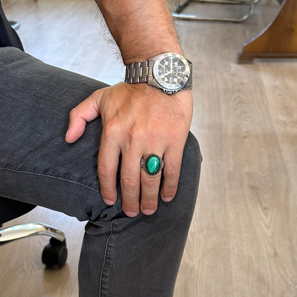KAMBO Natural Malachite Stone Handmade Eagle Ring - 925 Sterling Silver — 3