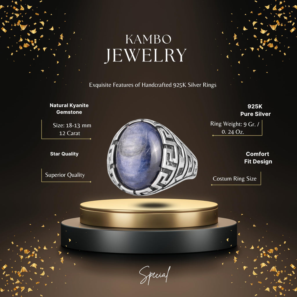 KAMBO Natural Kyanite Stone Men's Ring 925 Sterling Silver – Oval Cabochon Handmade Vintage Statement Ring — 2