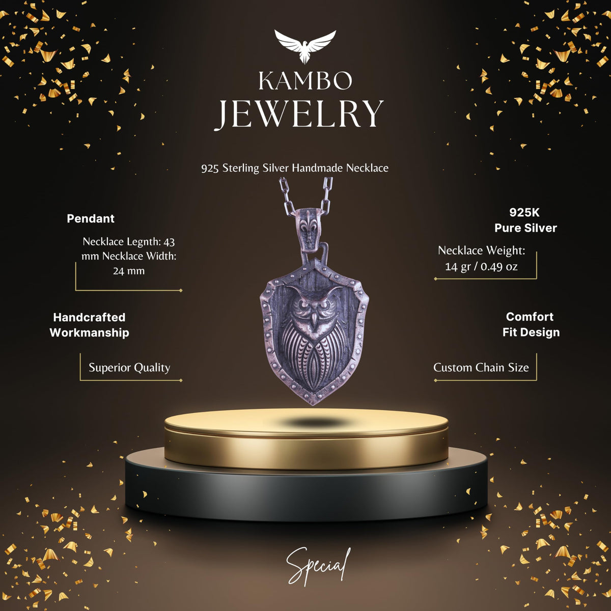 KAMBO 925 Sterling Silver Owl Shield Necklace – Handmade Amulet Necklace Symbolizing Wisdom, Protection, and Intuition (Silver) — 2
