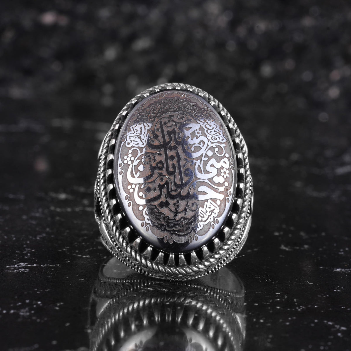 KAMBO Natural Hematite Stone Ring – 925 Sterling Silver Ottoman Tugra Design – Islamic Men's Statement Ring (Ya Ali) — 4