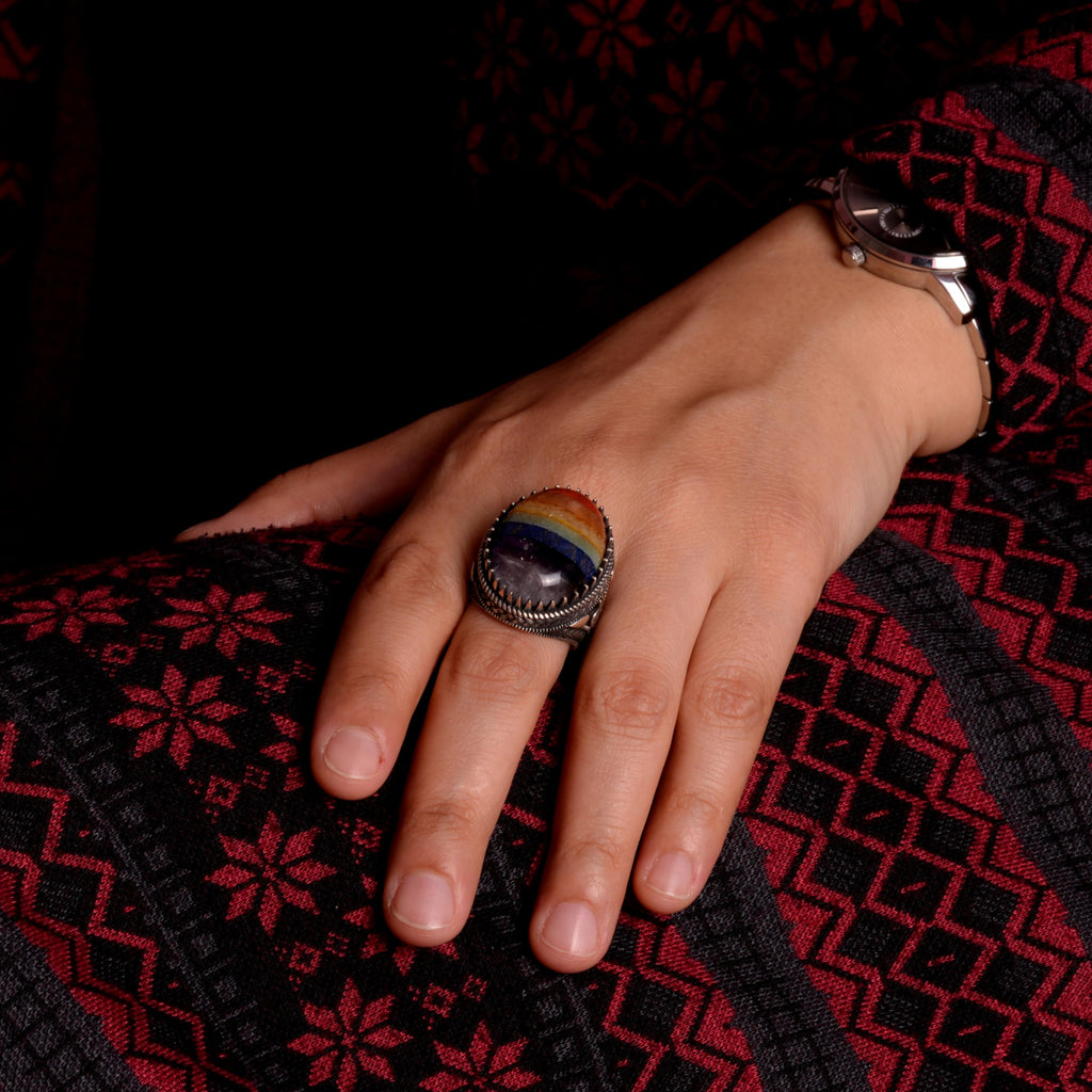 925 Sterling Silver Men's Ring, 7 Chakra Natural Stone Ring, Rainbow Ring, Tugra Ring — 3