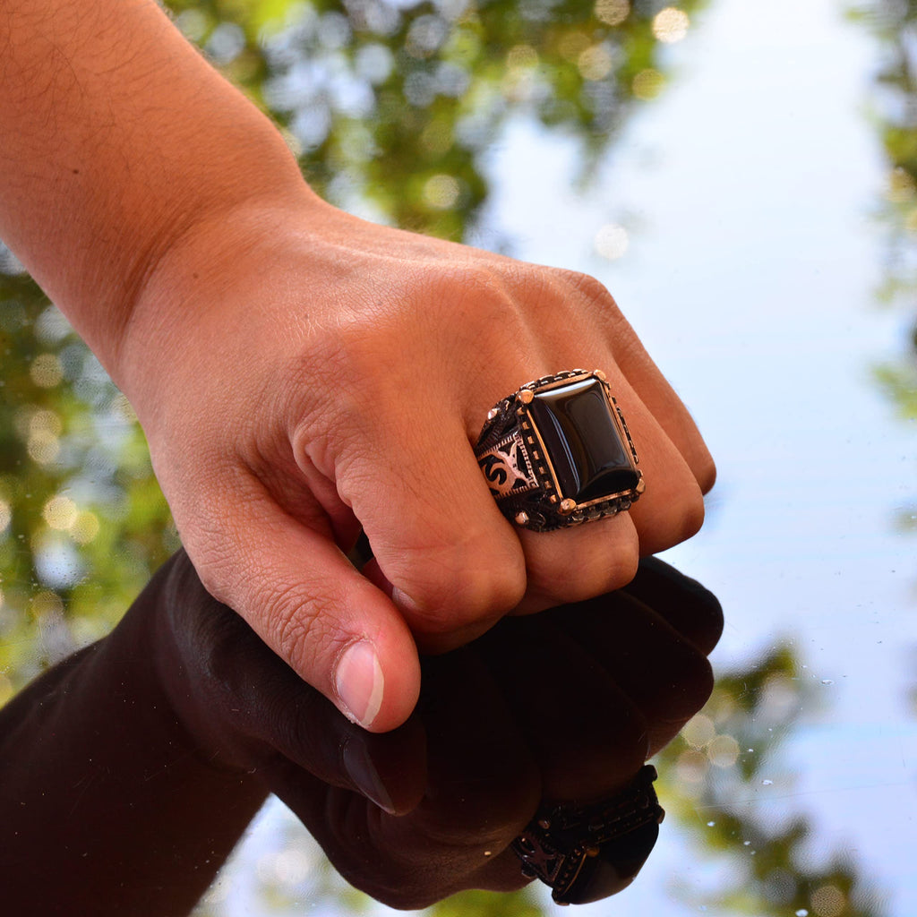 KAMBO Natural Obsidian Rectangular Stone Ring - 925 Sterling Silver Men's Ring — 4