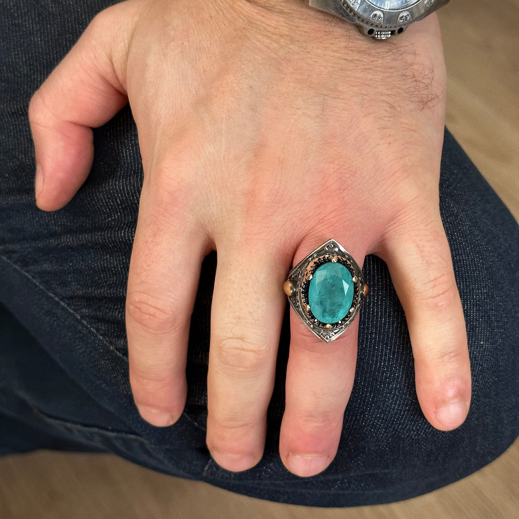Handmade Vintage Men's Ring - Made with 925 Sterling Silver, Paraiba Stone, Artisan Jewelry — 3