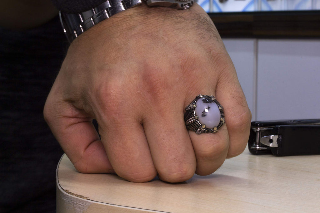 925 Sterling Silver Men's Ring - Yemen Agate - Eagle Claw Design - Handmade Jewelry — 3