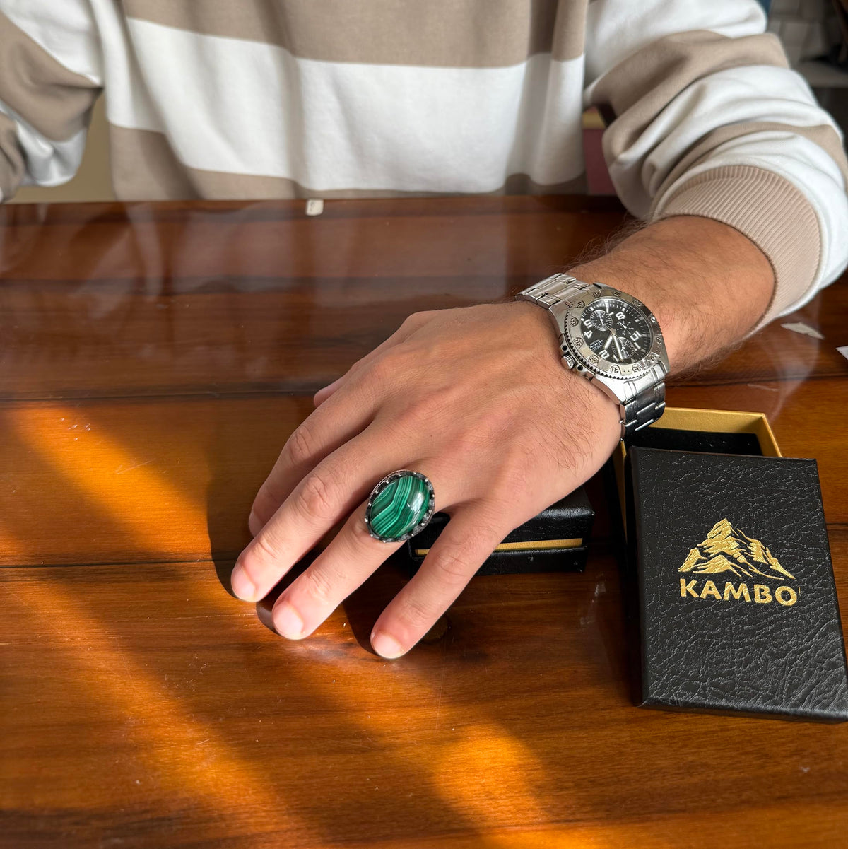 KAMBO Natural Stone Men's Large Ring – 925 Sterling Silver Ottoman Sword Motif Signet Ring (Malachite) — 3