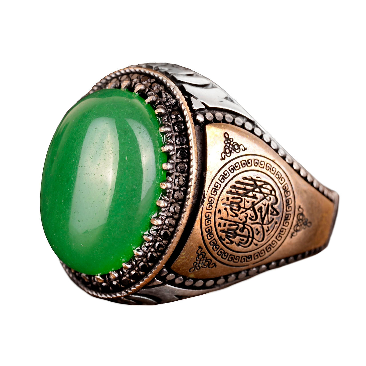 Handmade 925 Sterling Silver Men's Ring Natural Green Jade - Islamic Design