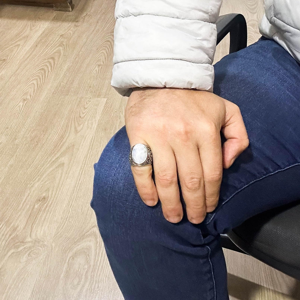 Natural Cabochon Aquamarine Stone Ring - KAMBO 925 Sterling Silver Men's Ring — 3