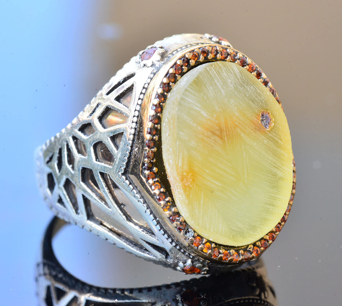 Natural Amber Stone Ring - 925 Sterling Silver Men's Ring — 3