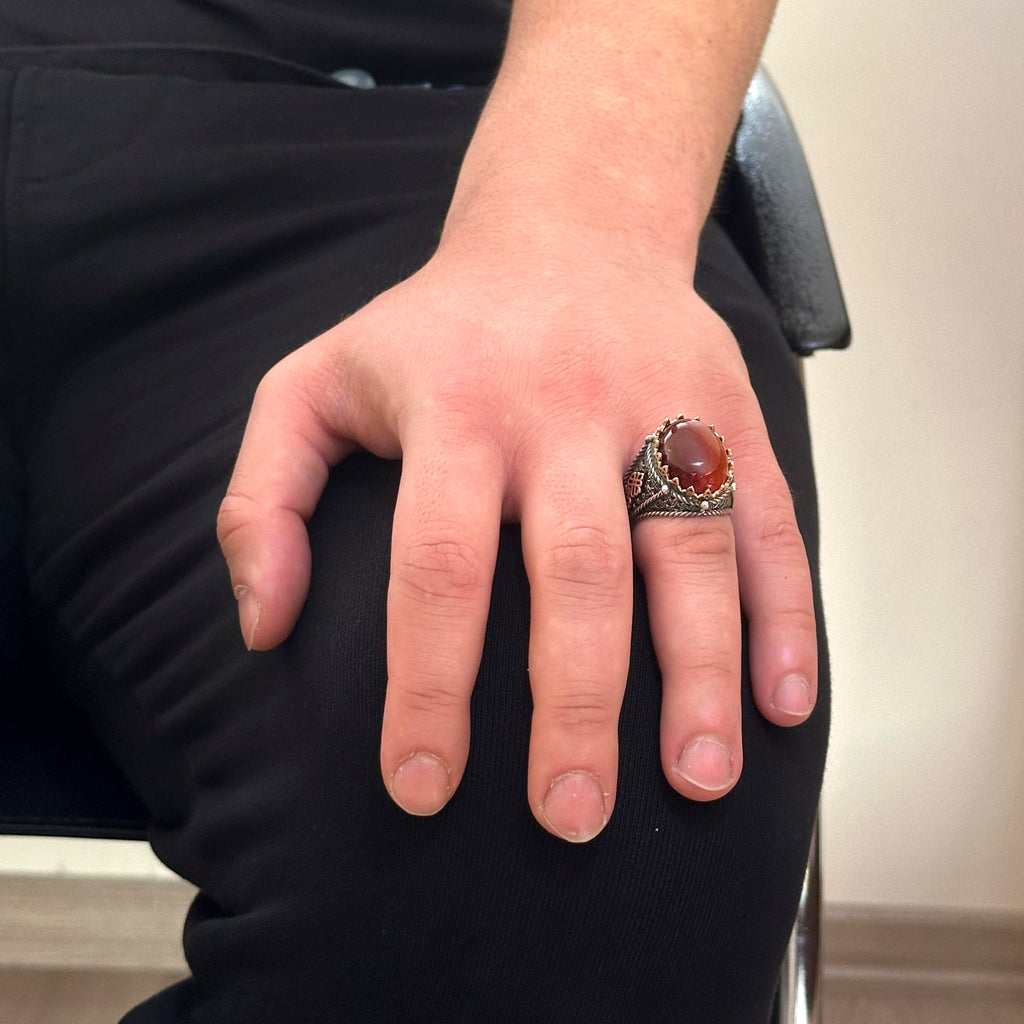 Handcrafted Natural Red Agate Stone Ring, 925 Sterling Silver (Model-2) — 3