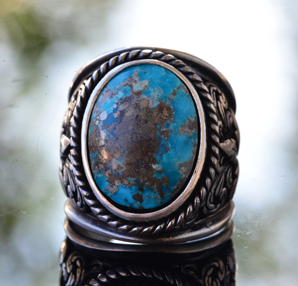 Natural Arizona Turquoise Stone Ring - Silver Men's Ring (Model-5) — 5
