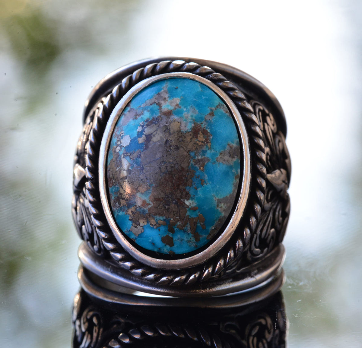 Natural Arizona Turquoise Stone Ring - Silver Men's Ring (Model-5) — 5