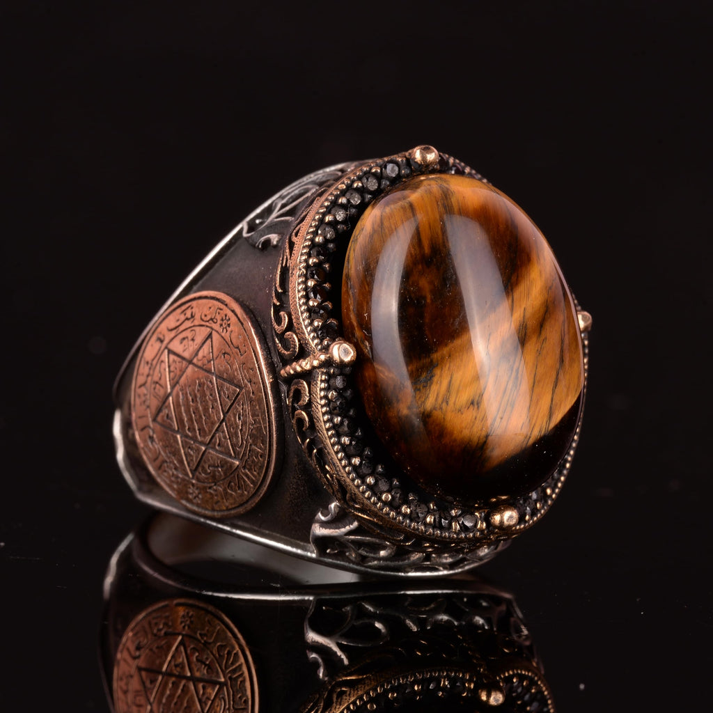 KAMBO Natural Gemstone Ring, Star of David Men's Design - Unique 925K Solid Sterling Silver Bold Courage Ring for Him