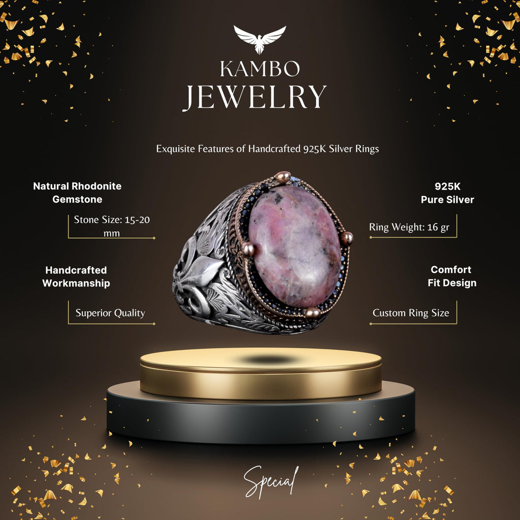 925K Silver Handmade Men's Ring - Available with Various Natural Stones (Rhodonite) — 7