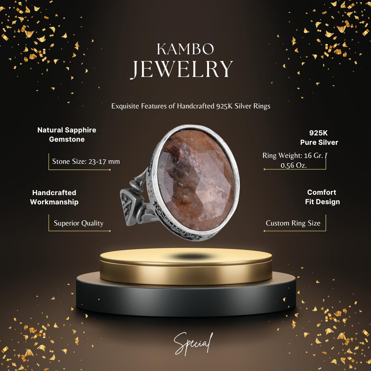 Kambo Real Natural Gemstone Ring - Handmade 925 Sterling Silver, Arabic Inscription - Symbol of Wisdom and Protection — 2