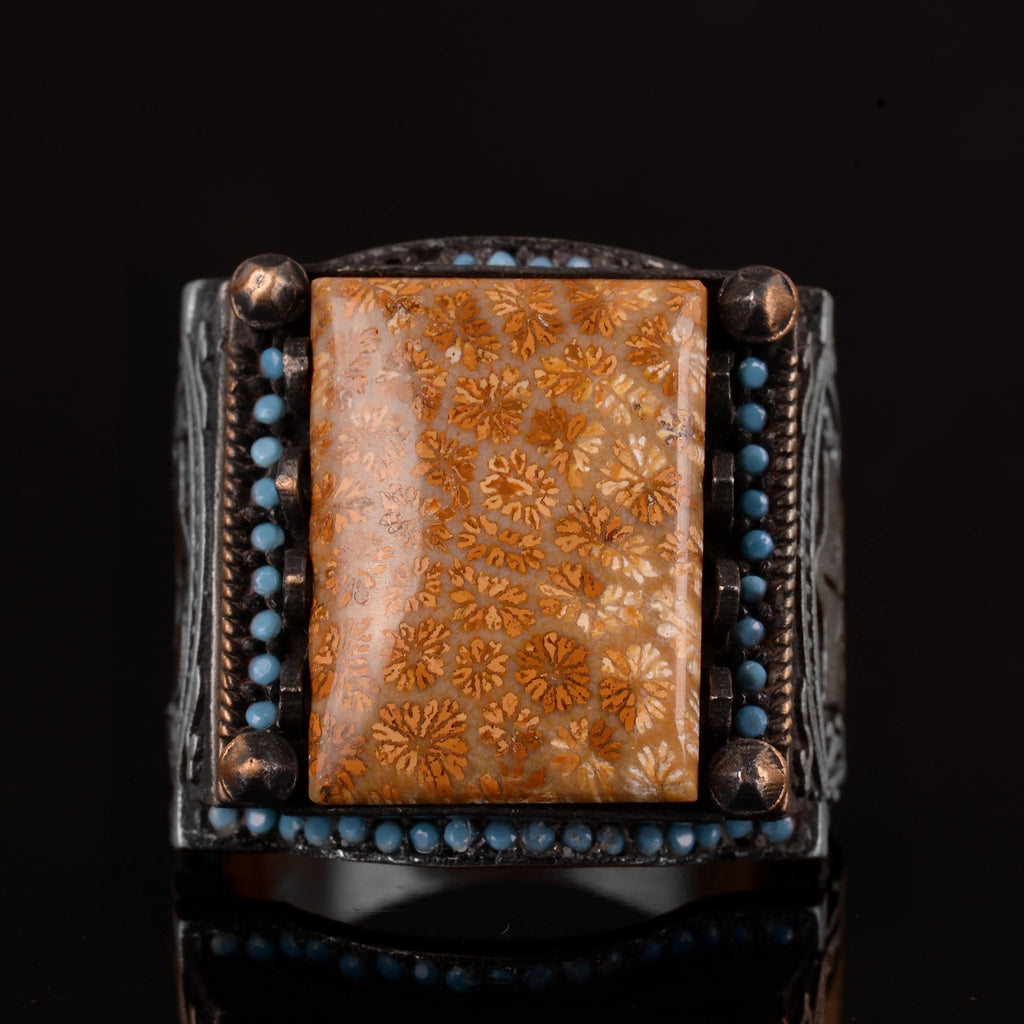 Natural Coral Stone Men's Ring - 925 Sterling Silver Handmade Ring — 4