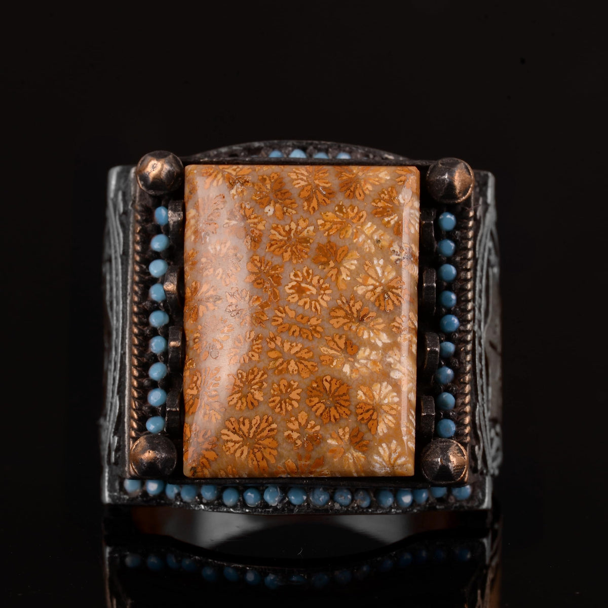 Natural Coral Stone Men's Ring - 925 Sterling Silver Handmade Ring — 4
